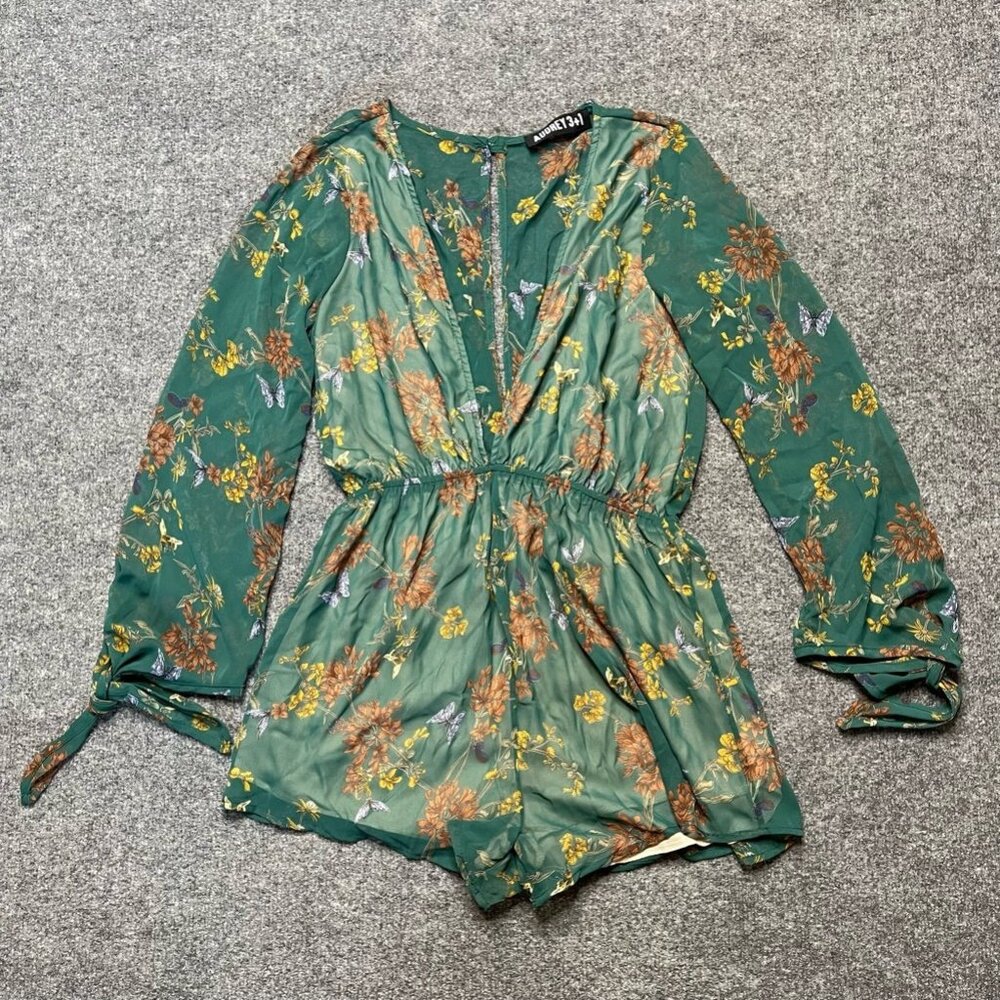 Audrey 3+1 Womens Romper Playsuit Green Floral Lined Plunge Neck Long Sleeve S